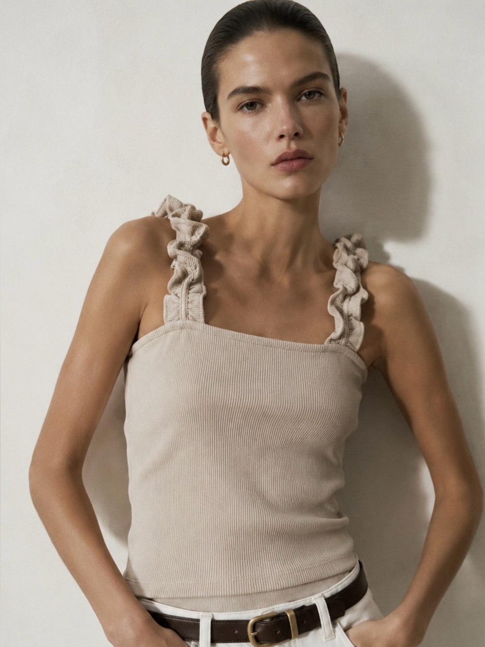 Zara Ribbed Ruffle Strap Crop Top Beige Neutral Minimalist